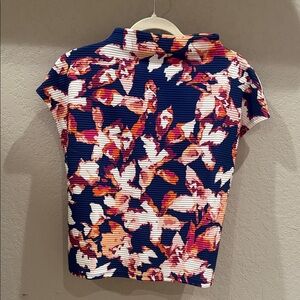 NWT Investments Navy Floral Ribbed Short Sleeve Top